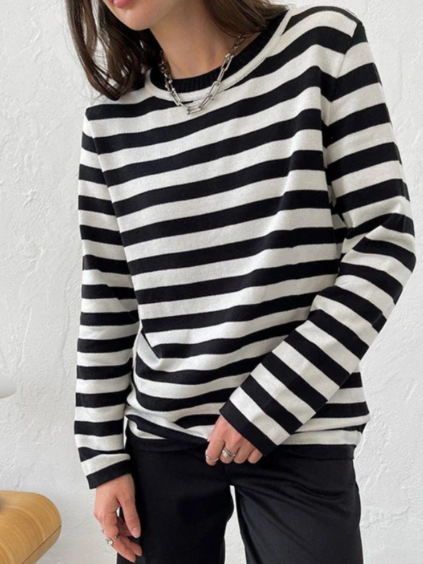 Women Striped Split Joint Spring/Fall Street Long Sleeve Crew Neck Sweater