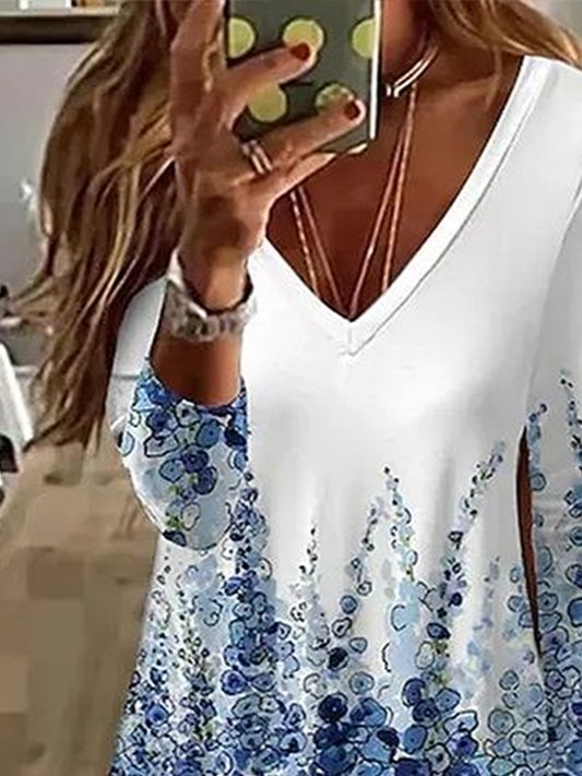 Women Abstract Long Sleeve Tee T-shirt V Neck Printing Casual Spring/Fall Graphic Tee Top