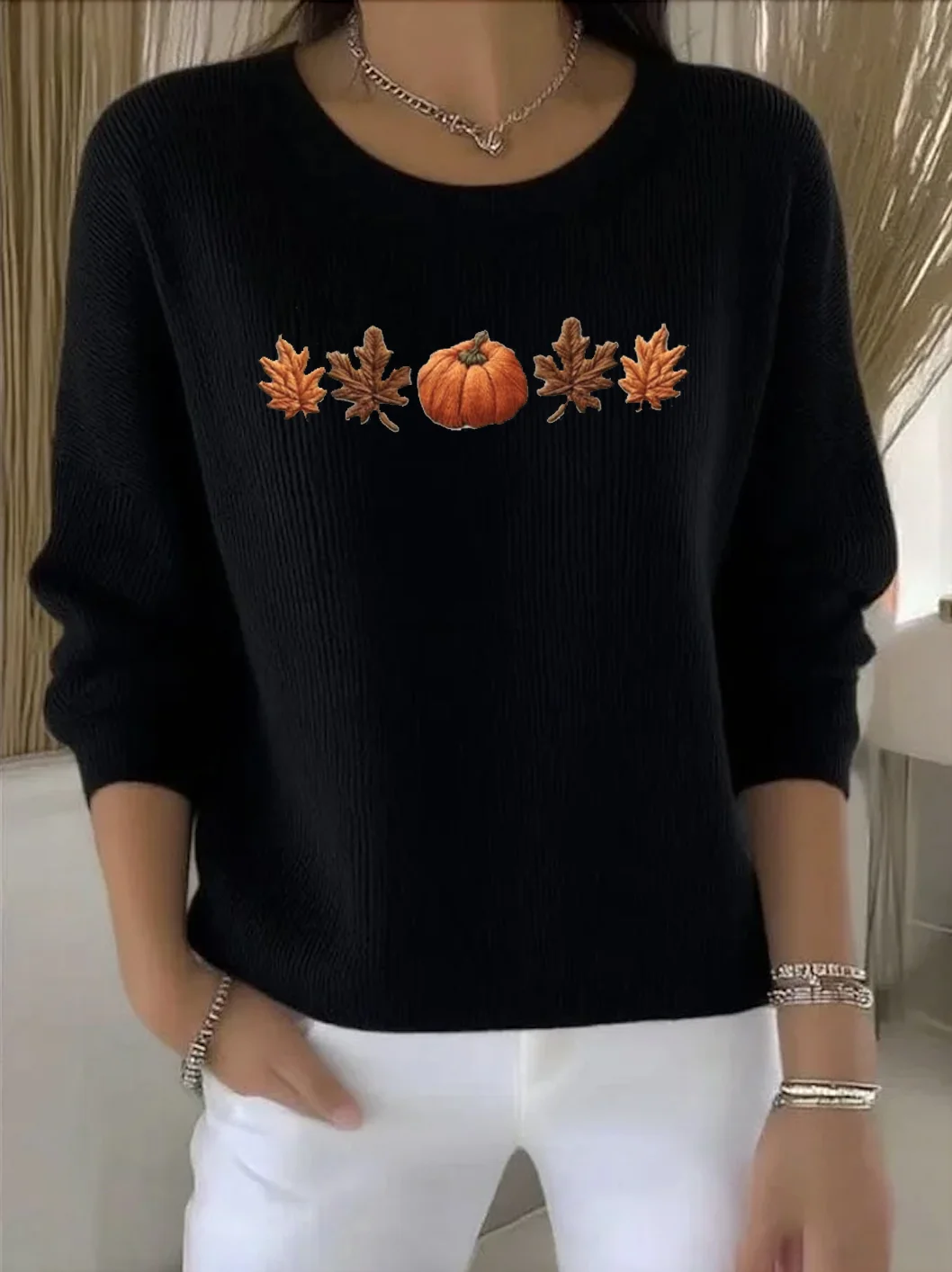 Women Plants Spring/Fall Vintage Long Sleeve Crew Neck Cotton Sweater