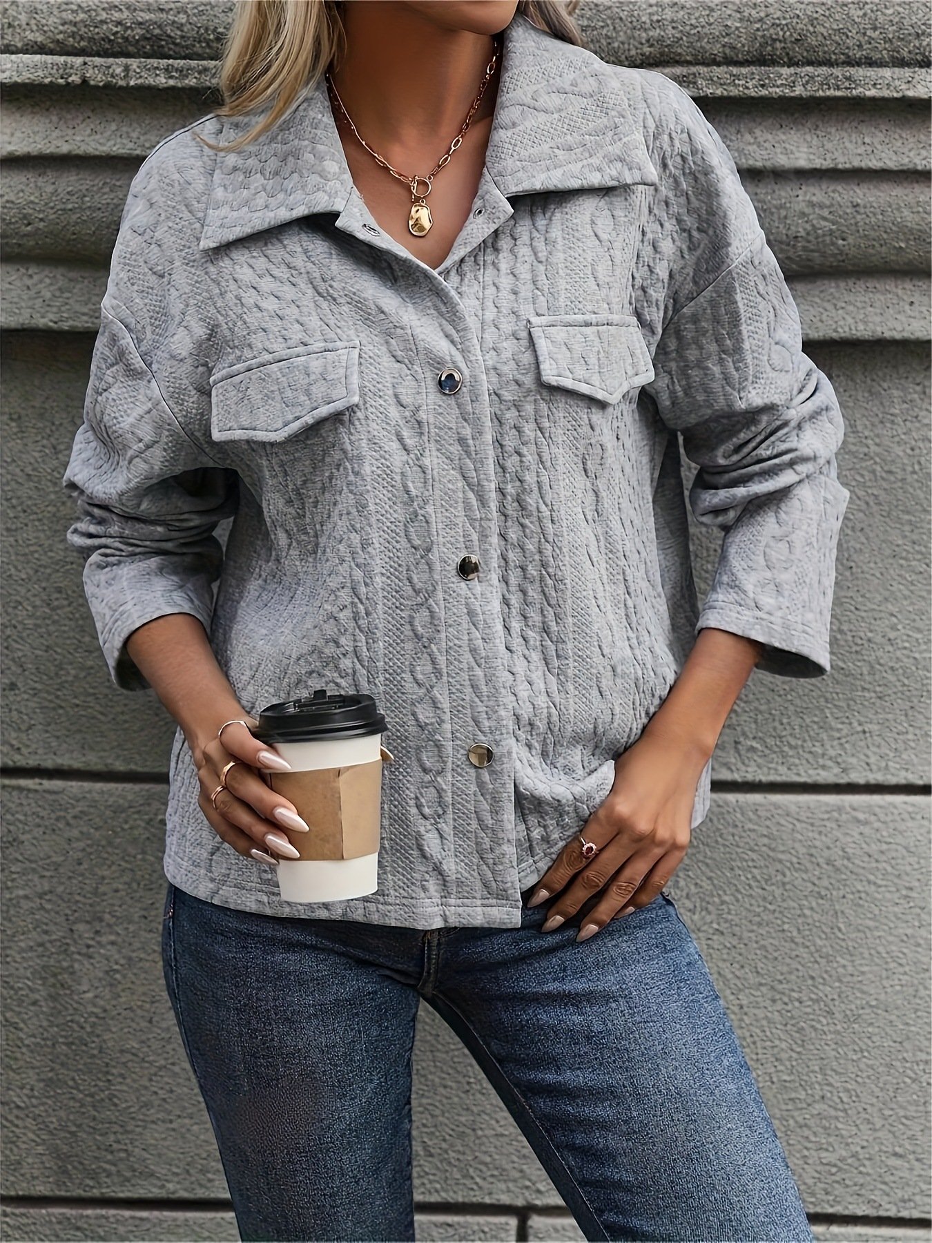 Women Spring/Fall Outerwear Vintage Jacquard Plain Long Sleeve Shawl Collar Jacket