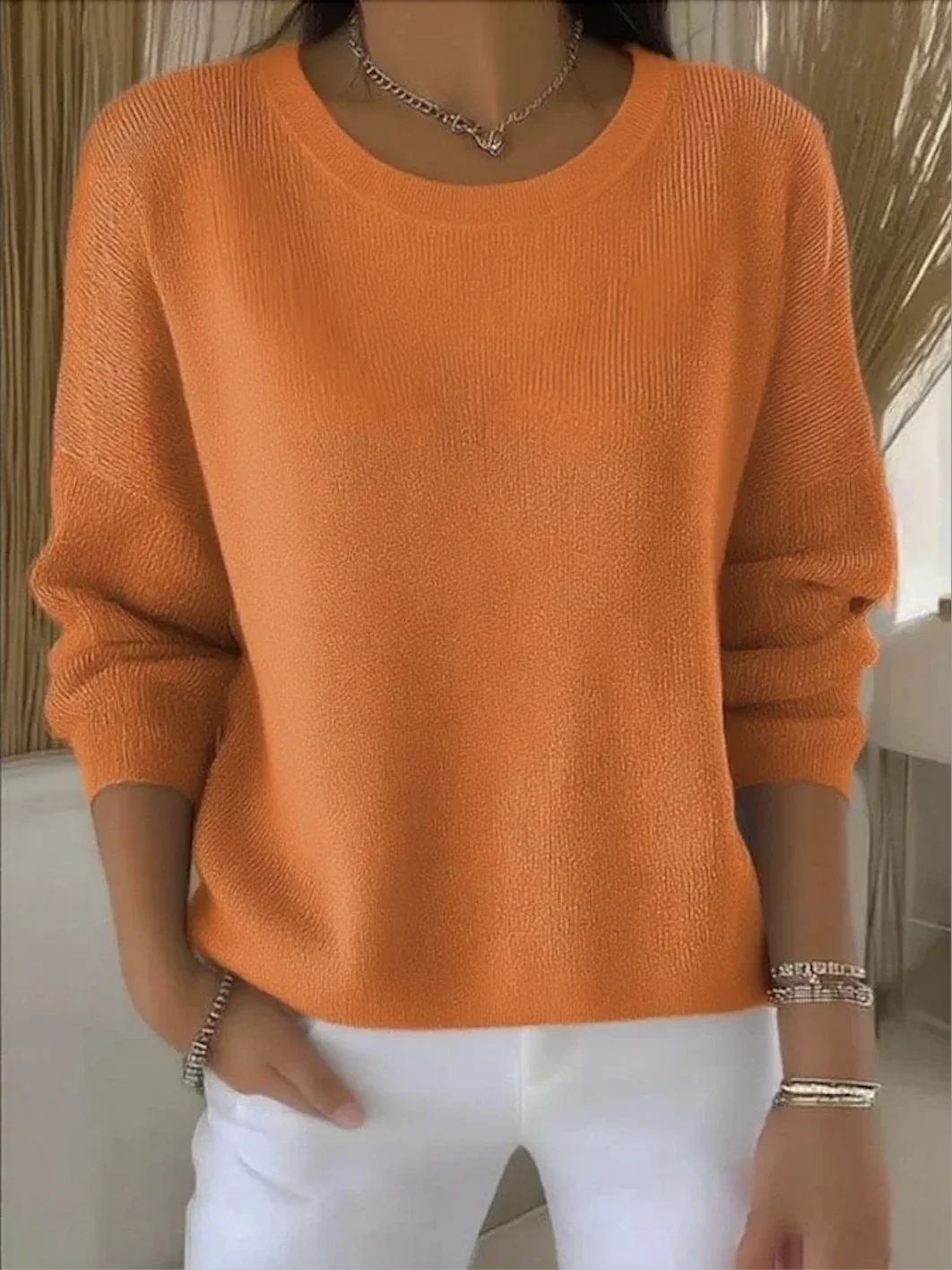 Women Plain Spring/Fall Vintage Long Sleeve Crew Neck Cotton Sweater