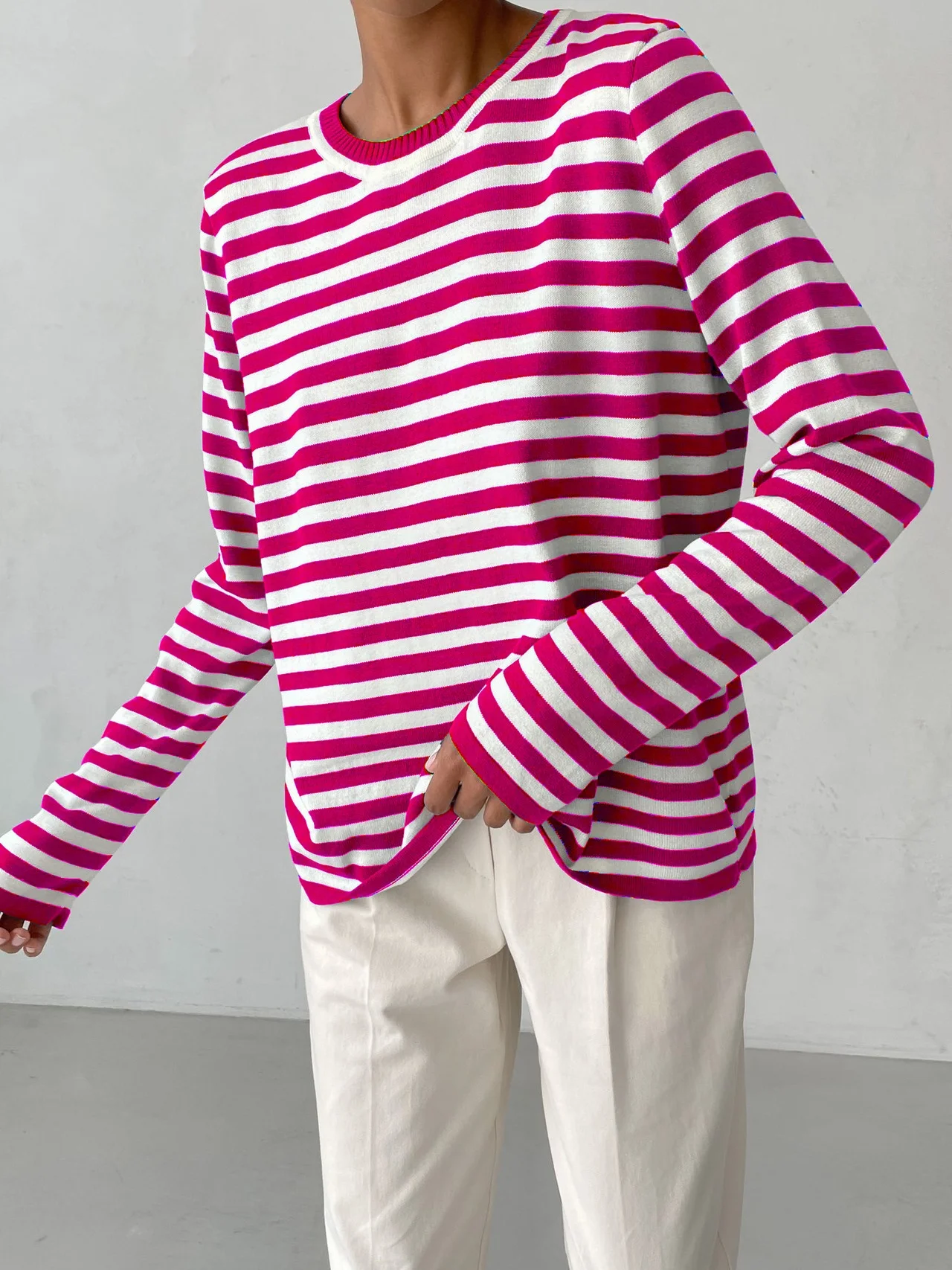 Women Striped Split Joint Spring/Fall Street Long Sleeve Crew Neck Sweater