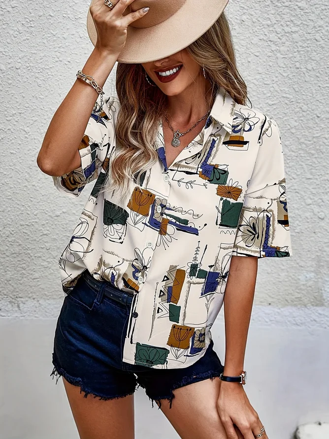 Women Abstract Short Sleeve Shirt Summer Printing Shirt Collar Daily Casual Top