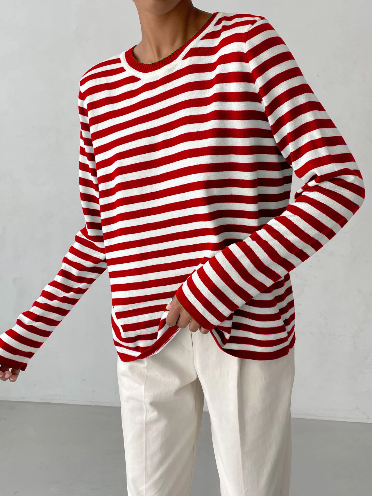 Women Striped Split Joint Spring/Fall Street Long Sleeve Crew Neck Sweater