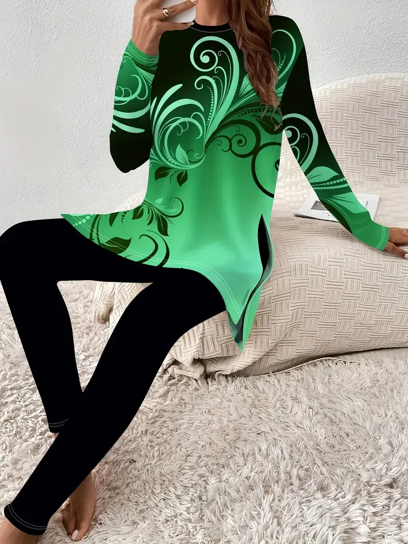 Women Abstract Printing Two-Piece Set Daily Long Sleeve Casual Spring/Fall Top With Pants Matching Set