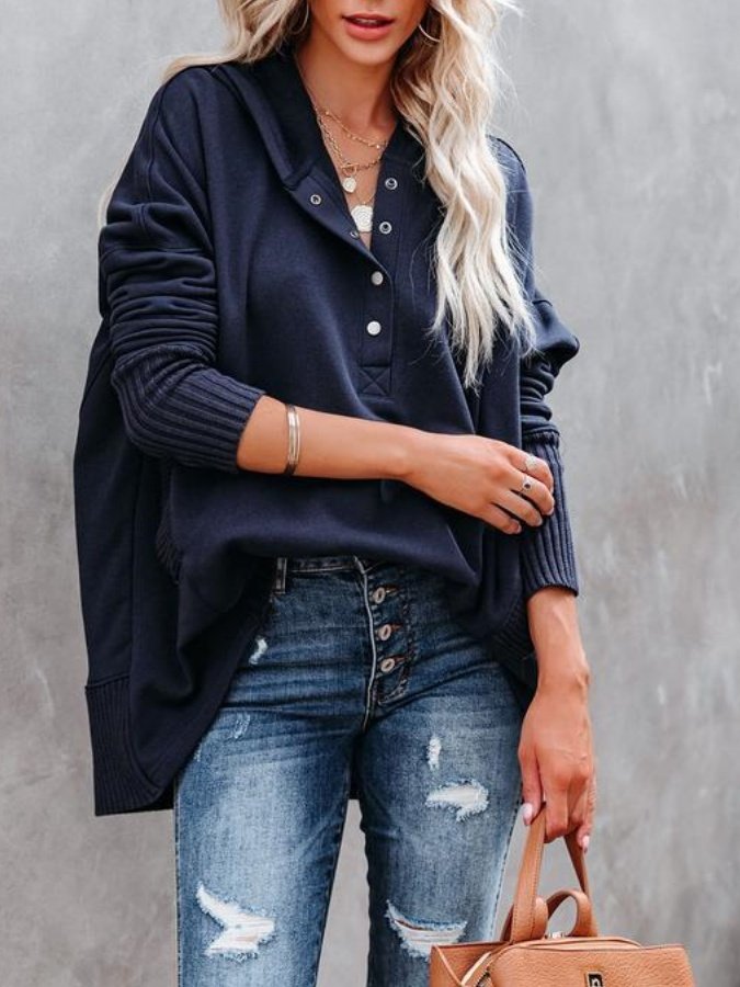 Women Plain Hoodie Split Joint Vintage Spring/Fall Long Sleeve Sweatshirt