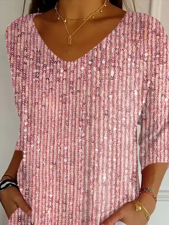 Women Abstract Three Quarter Sleeve Tee T-shirt V Neck Printing Casual Spring/Fall Graphic Tee Top