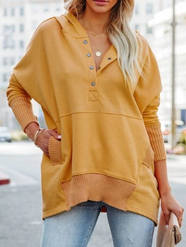 Women Plain Hoodie Split Joint Vintage Spring/Fall Long Sleeve Sweatshirt
