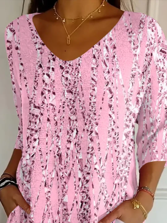 Women Abstract Three Quarter Sleeve Tee T-shirt V Neck Printing Casual Spring/Fall Graphic Tee Top