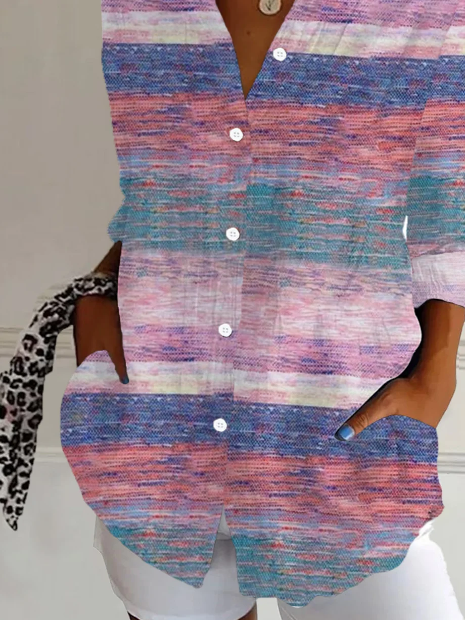 Women Abstract Stripes Long Sleeve Shirt Spring/Fall Buckle Shirt Collar Regular Sleeve Daily Casual Top