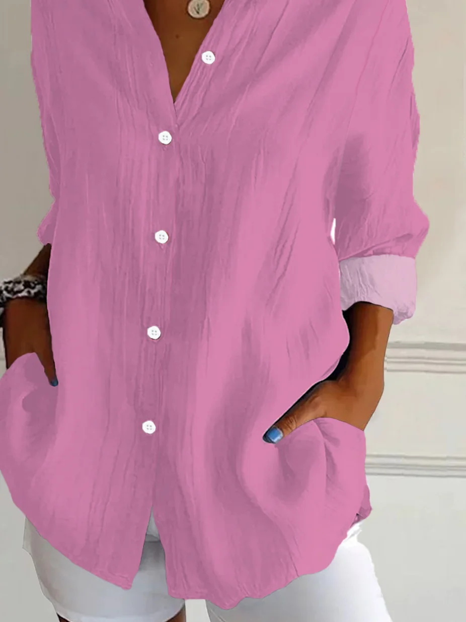 Women Plain Long Sleeve Shirt Spring/Fall Buckle Shirt Collar Regular Sleeve Daily Casual Top