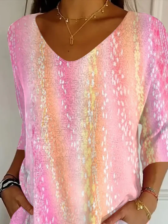 Women Abstract Three Quarter Sleeve Tee T-shirt V Neck Printing Casual Spring/Fall Graphic Tee Top