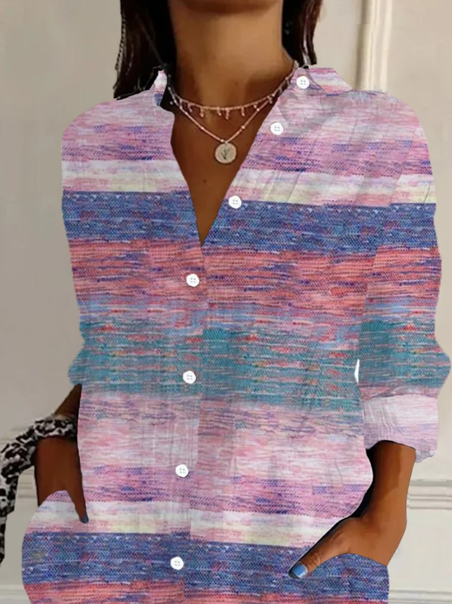 Women Abstract Stripes Long Sleeve Shirt Spring/Fall Buckle Shirt Collar Regular Sleeve Daily Casual Top