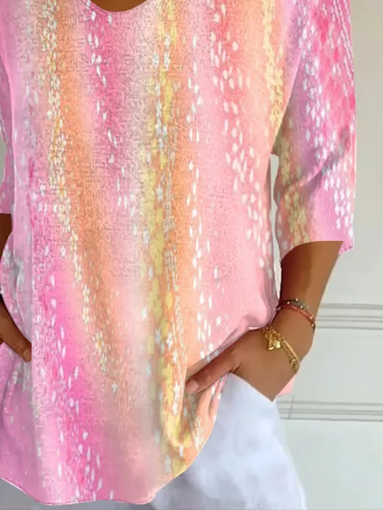 Women Abstract Three Quarter Sleeve Tee T-shirt V Neck Printing Casual Spring/Fall Graphic Tee Top