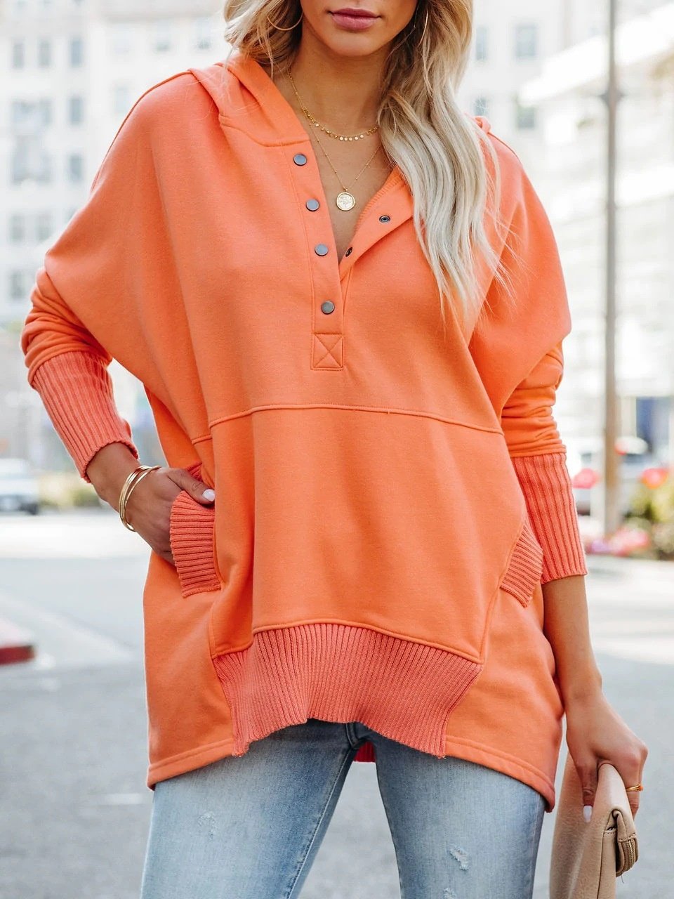 Women Plain Hoodie Split Joint Vintage Spring/Fall Long Sleeve Sweatshirt