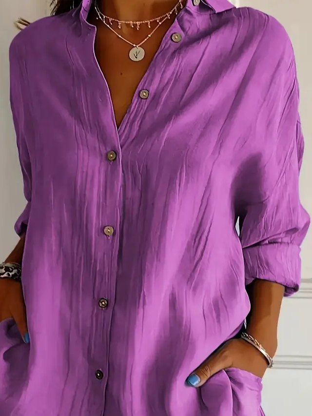 Women Plain Long Sleeve Shirt Spring/Fall Buckle Shirt Collar Regular Sleeve Daily Casual Top