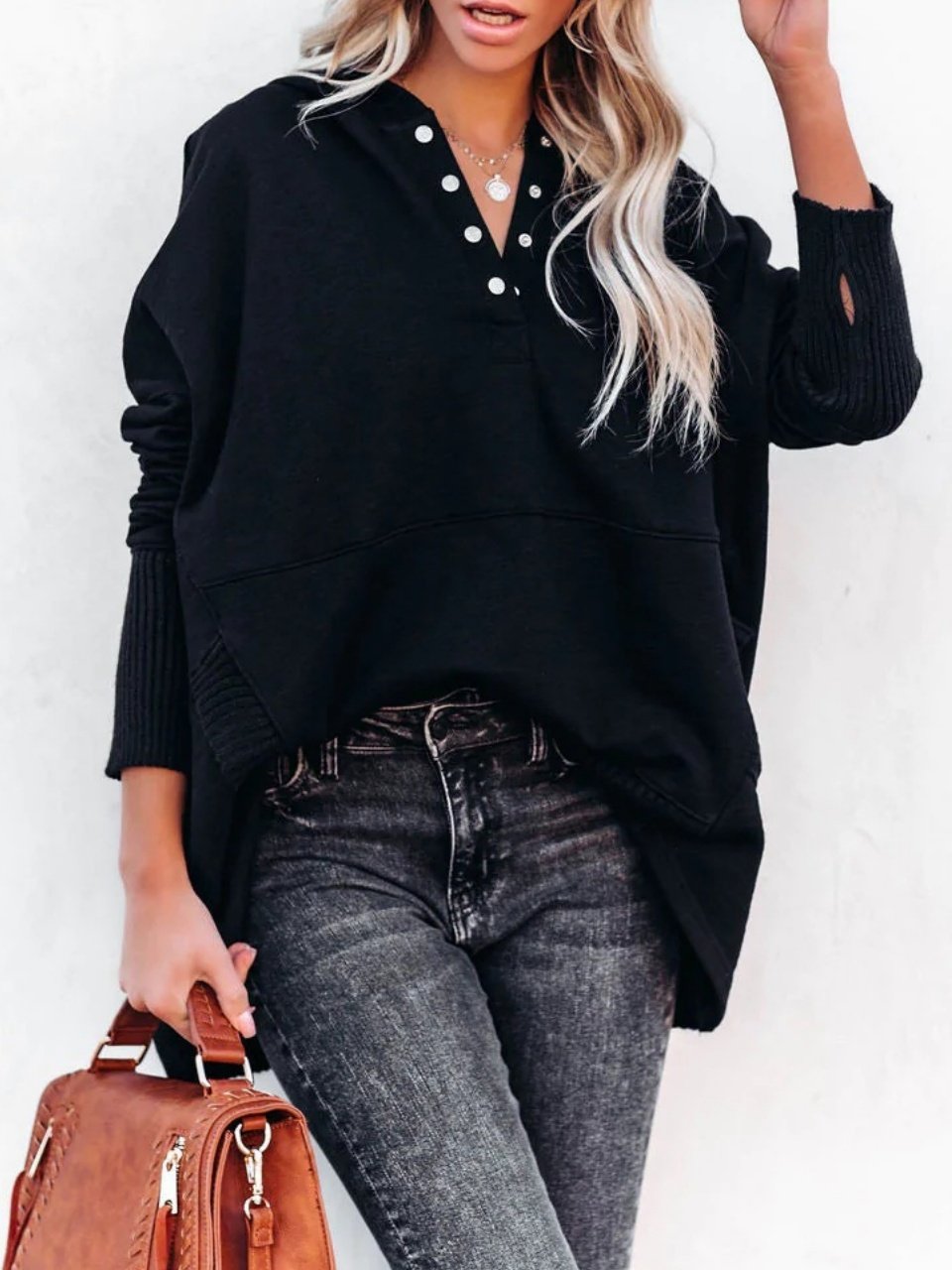 Women Plain Hoodie Split Joint Vintage Spring/Fall Long Sleeve Sweatshirt