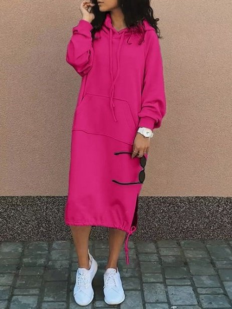 Women Plain Long Sleeve Spring/Fall Split Joint Dress Hooded Daily Vintage Maxi Hoodie Dress A-Line Dress