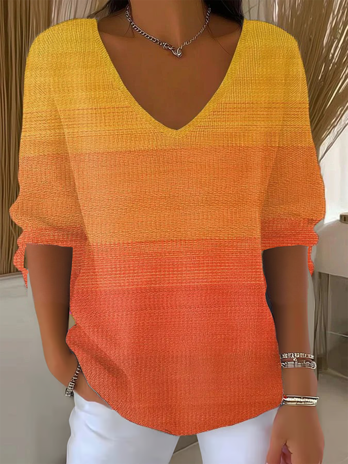Women Striped Three Quarter Sleeve Tee T-shirt V Neck Vintage Spring/Fall Top