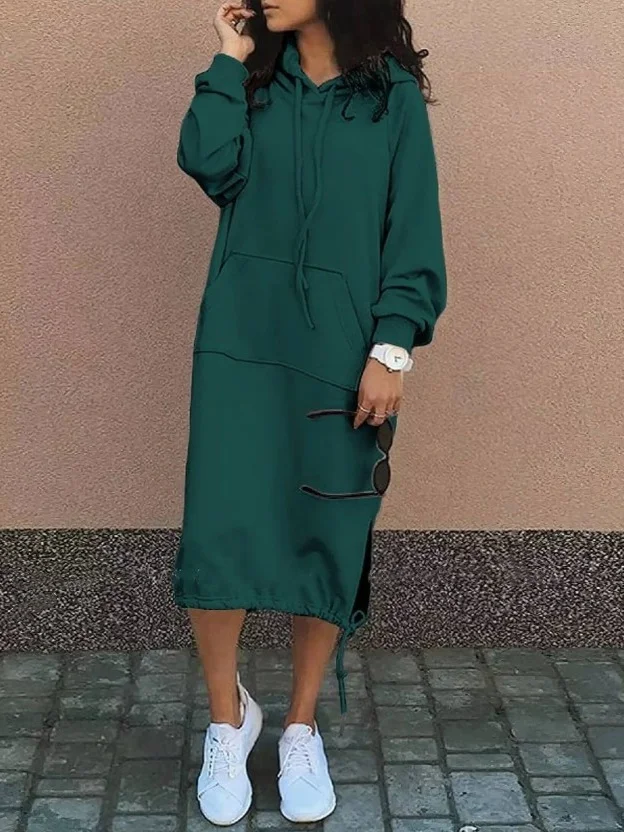 Women Plain Long Sleeve Spring/Fall Split Joint Dress Hooded Daily Vintage Maxi Hoodie Dress A-Line Dress