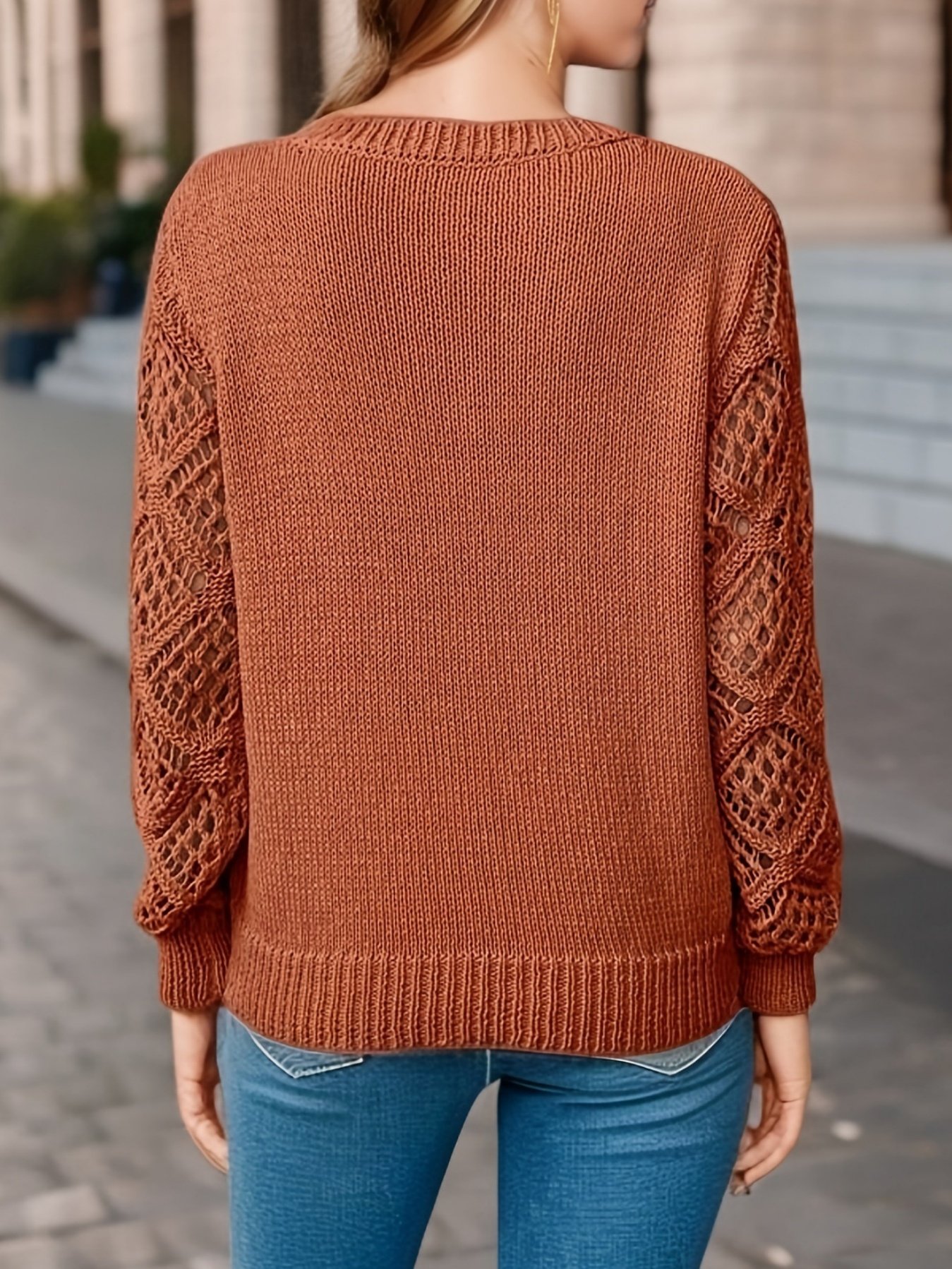 Women Plain Jacquard Winter Casual Long Sleeve V Neck Wool Sweater