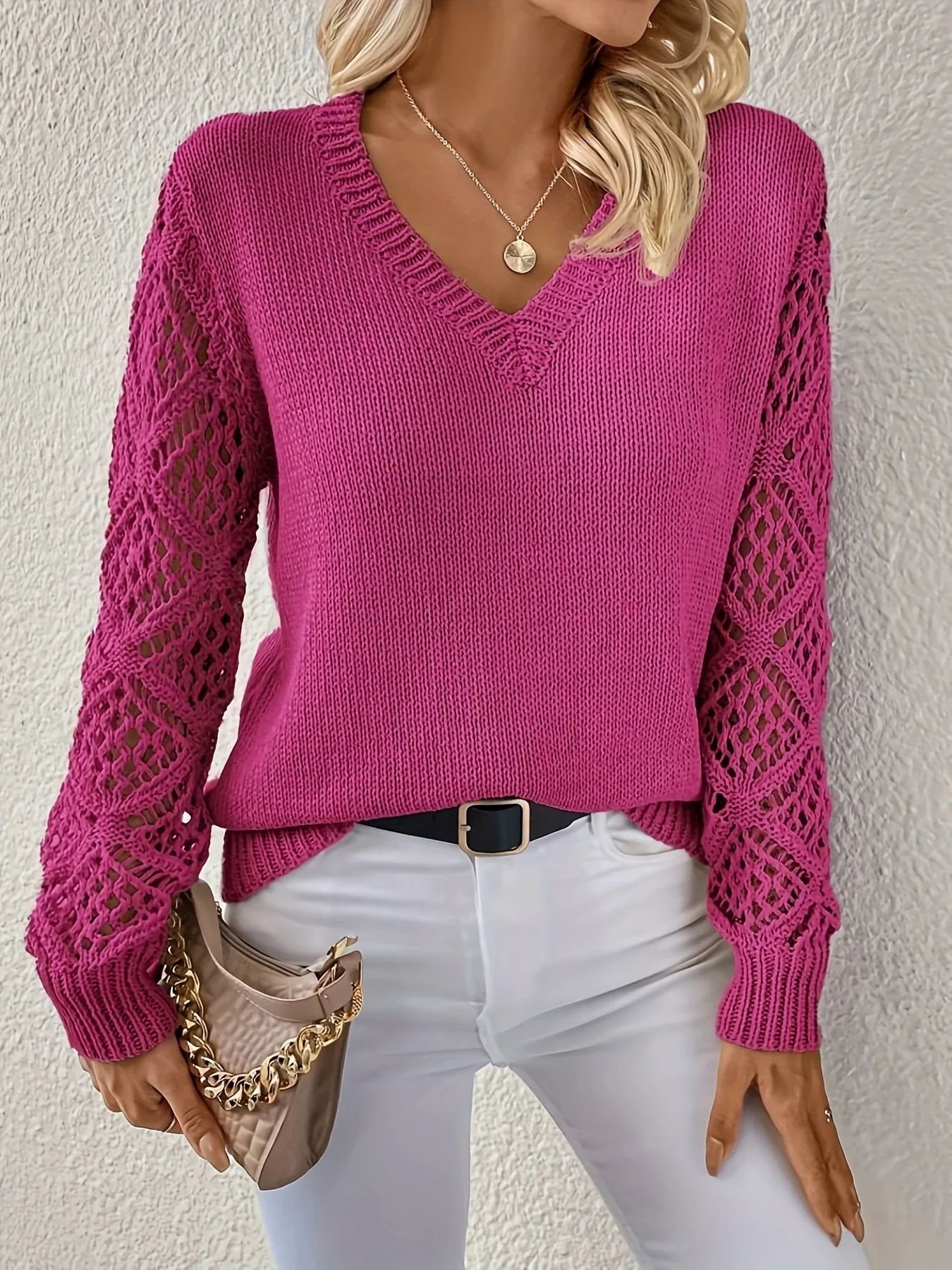 Women Plain Jacquard Winter Casual Long Sleeve V Neck Wool Sweater