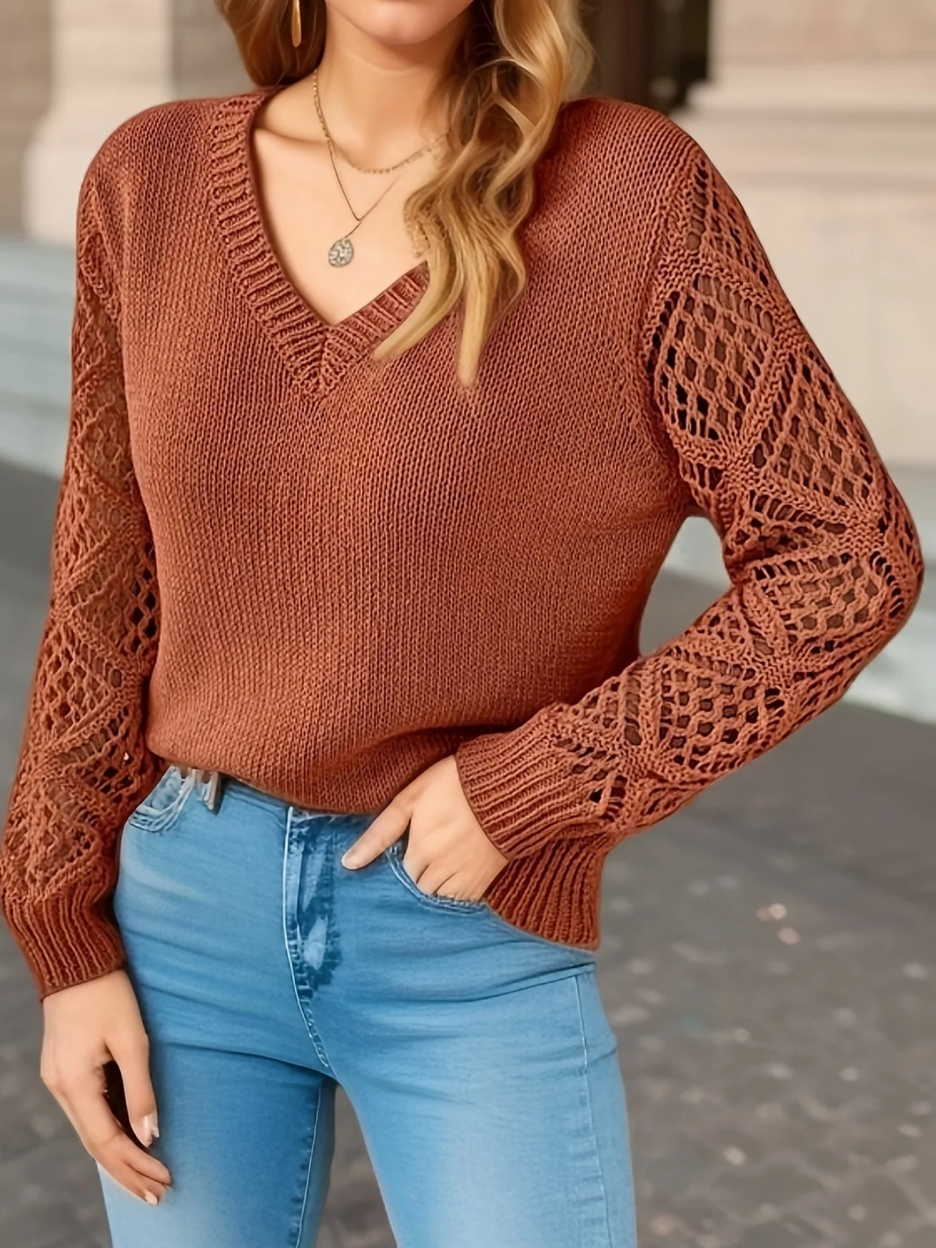 Women Plain Jacquard Winter Casual Long Sleeve V Neck Wool Sweater