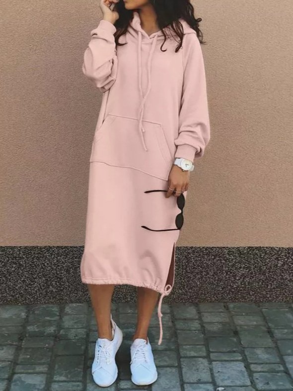 Women Plain Long Sleeve Spring/Fall Split Joint Dress Hooded Daily Vintage Maxi Hoodie Dress A-Line Dress