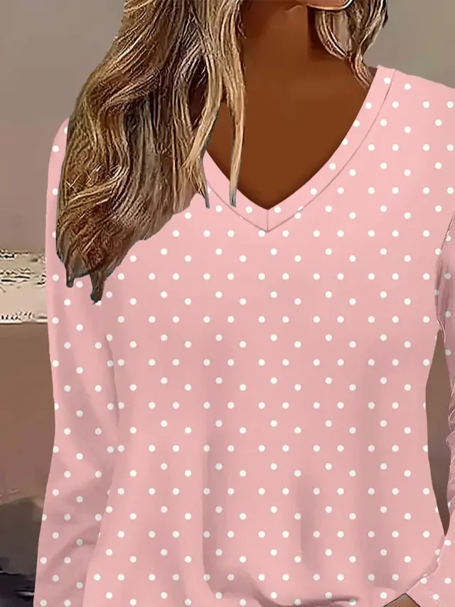 Women Polka Dots Long Sleeve Tee T-shirt V Neck Printing Casual Spring/Fall Graphic Tee Top