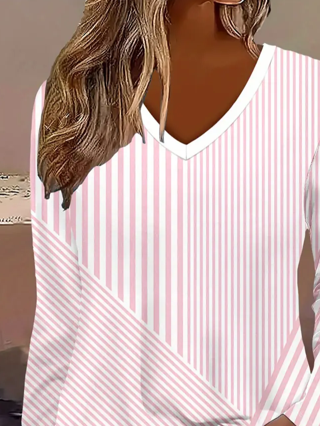 Women Striped Long Sleeve Tee T-shirt V Neck Printing Casual Spring/Fall Graphic Tee Top