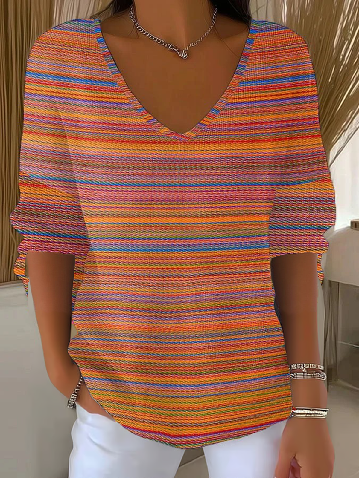 Women Striped Three Quarter Sleeve Tee T-shirt V Neck Vintage Spring/Fall Top