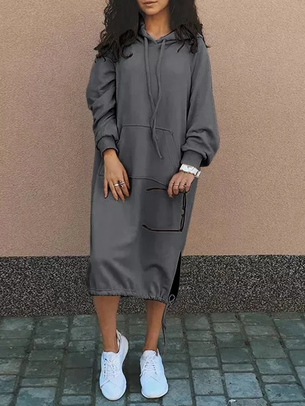 Women Plain Long Sleeve Spring/Fall Split Joint Dress Hooded Daily Vintage Maxi Hoodie Dress A-Line Dress