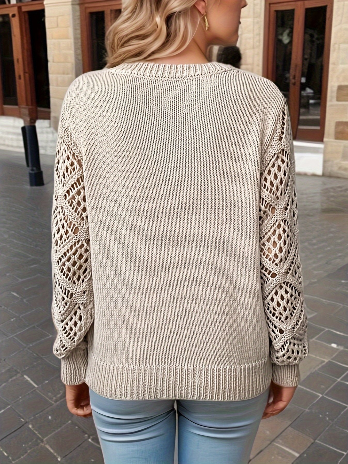 Women Plain Jacquard Winter Casual Long Sleeve V Neck Wool Sweater