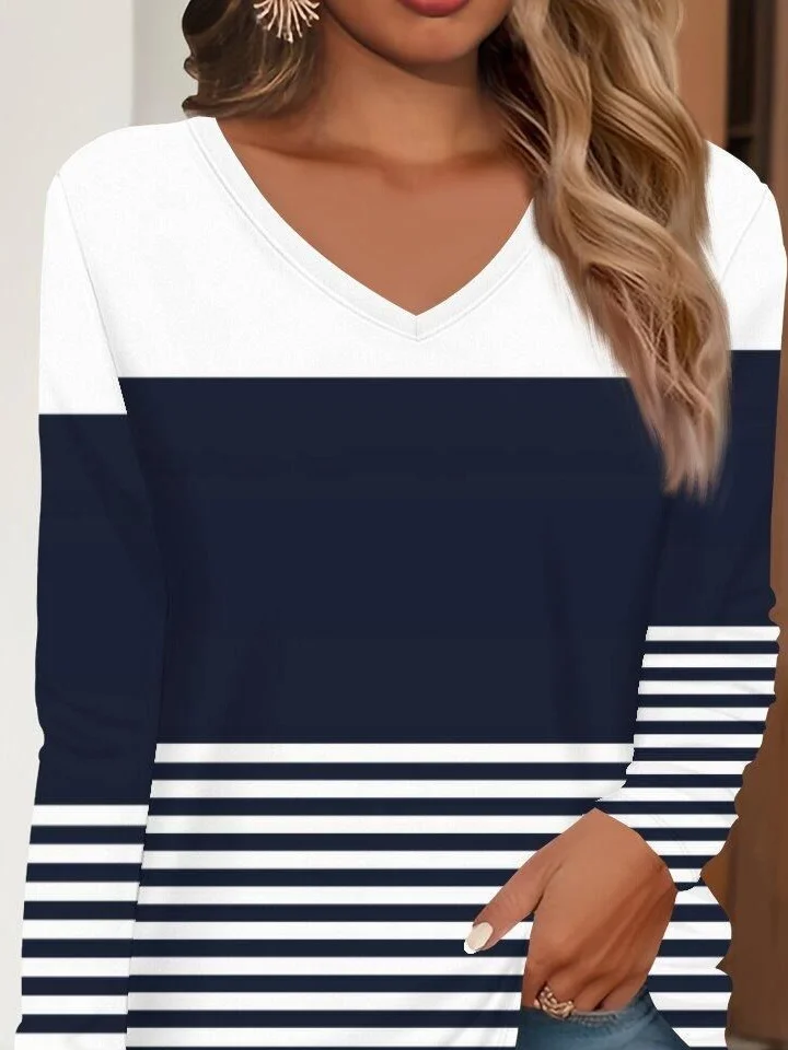 Women Striped Long Sleeve Tee T-shirt V Neck Printing Casual Spring/Fall Graphic Tee Top