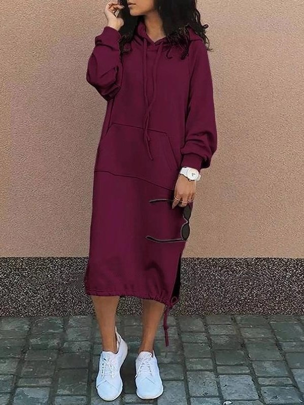 Women Plain Long Sleeve Spring/Fall Split Joint Dress Hooded Daily Vintage Maxi Hoodie Dress A-Line Dress