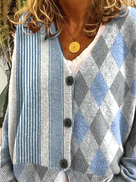 Women Striped Casual Spring/Fall Printing Cardigan