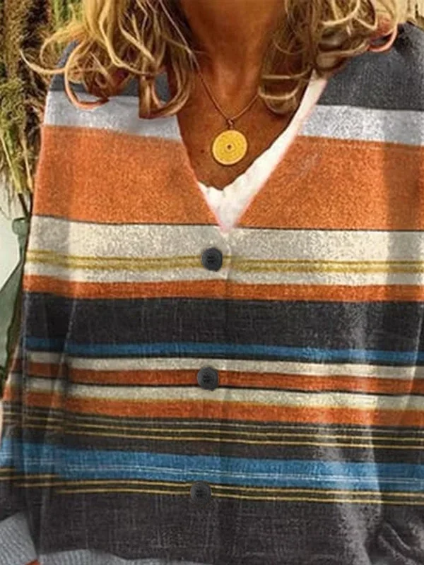 Women Striped Casual Spring/Fall Printing Cardigan