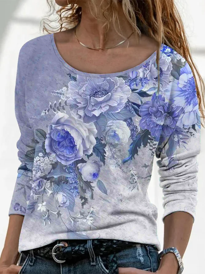 Women Floral Long Sleeve Tee T-shirt Crew Neck Printing Casual Spring/Fall Graphic Tee Top