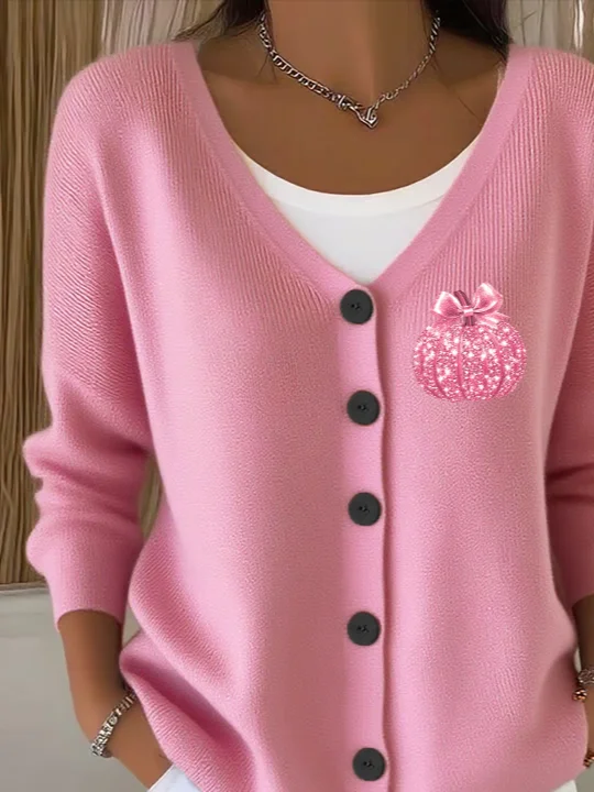 Women Pumpkin Pattern Casual Spring/Fall Printing Cardigan
