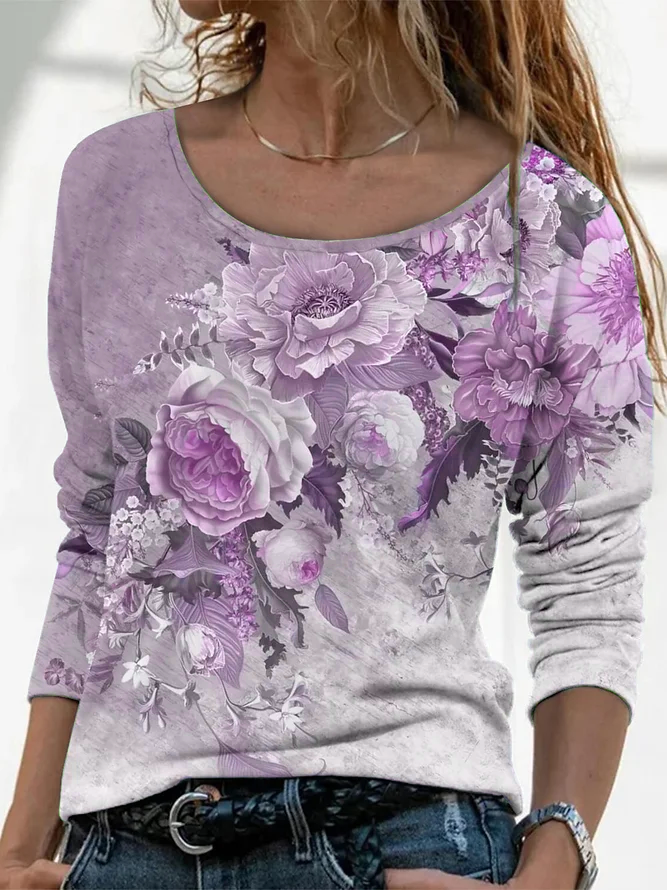Women Floral Long Sleeve Tee T-shirt Crew Neck Printing Casual Spring/Fall Graphic Tee Top
