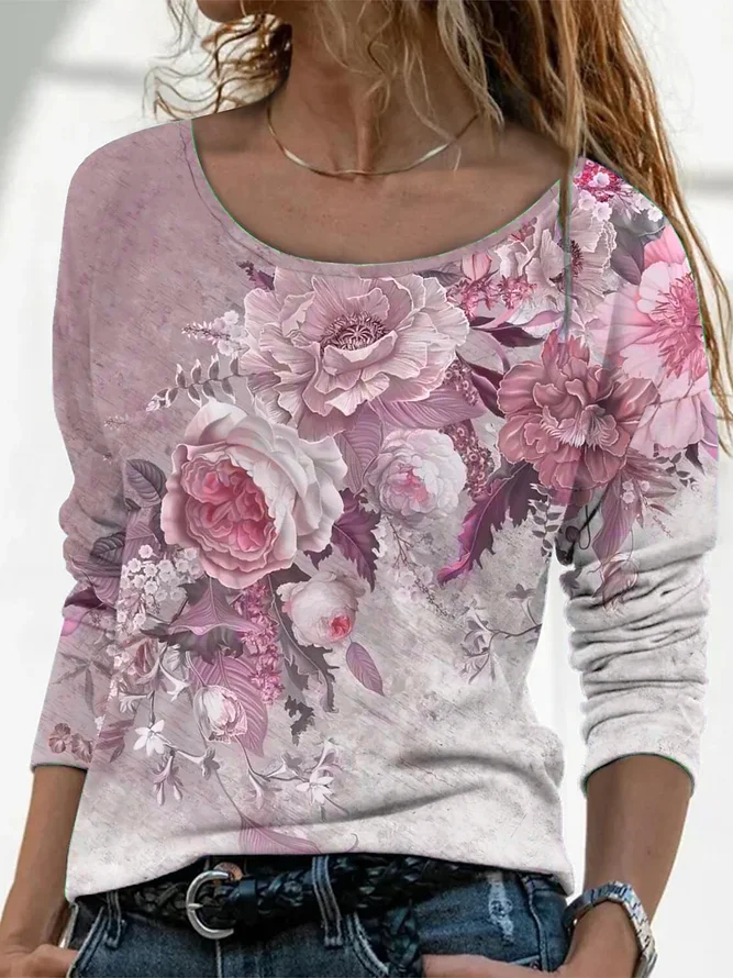Women Floral Long Sleeve Tee T-shirt Crew Neck Printing Casual Spring/Fall Graphic Tee Top