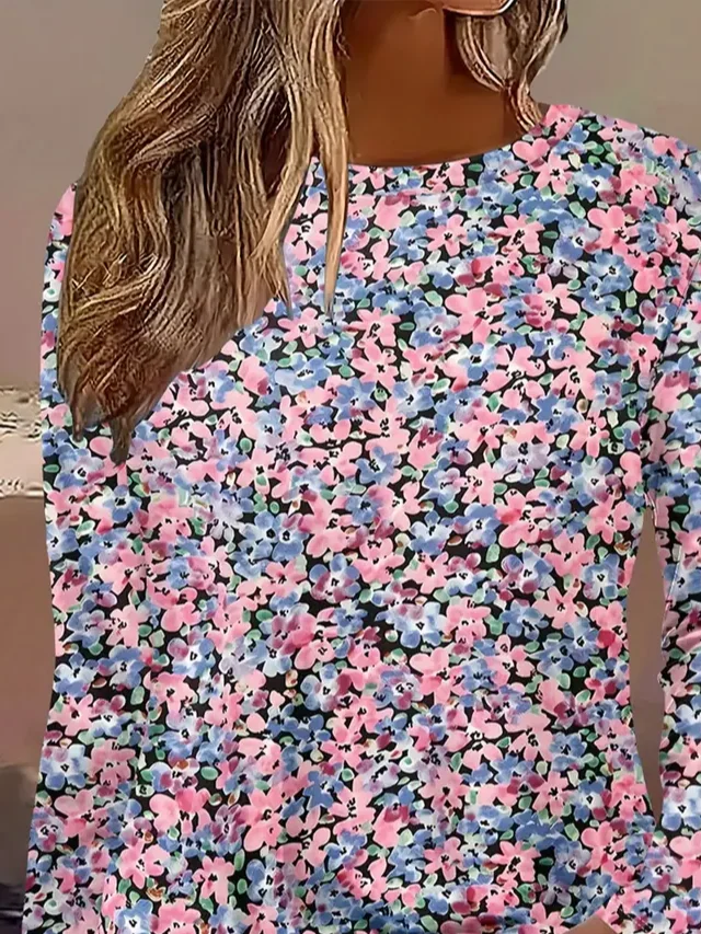 Women Floral Long Sleeve Tee T-shirt Crew Neck Printing Casual Spring/Fall Graphic Tee Top