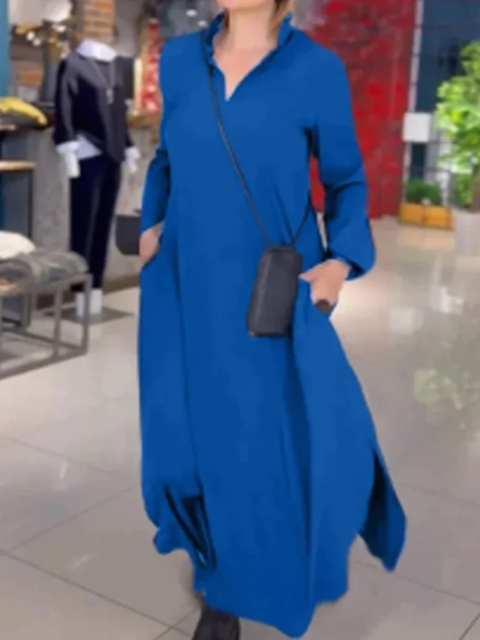 Women Plain Long Sleeve Spring/Fall Split Joint Dress V Neck Daily Vintage Maxi Shirt Dress A-Line Dress
