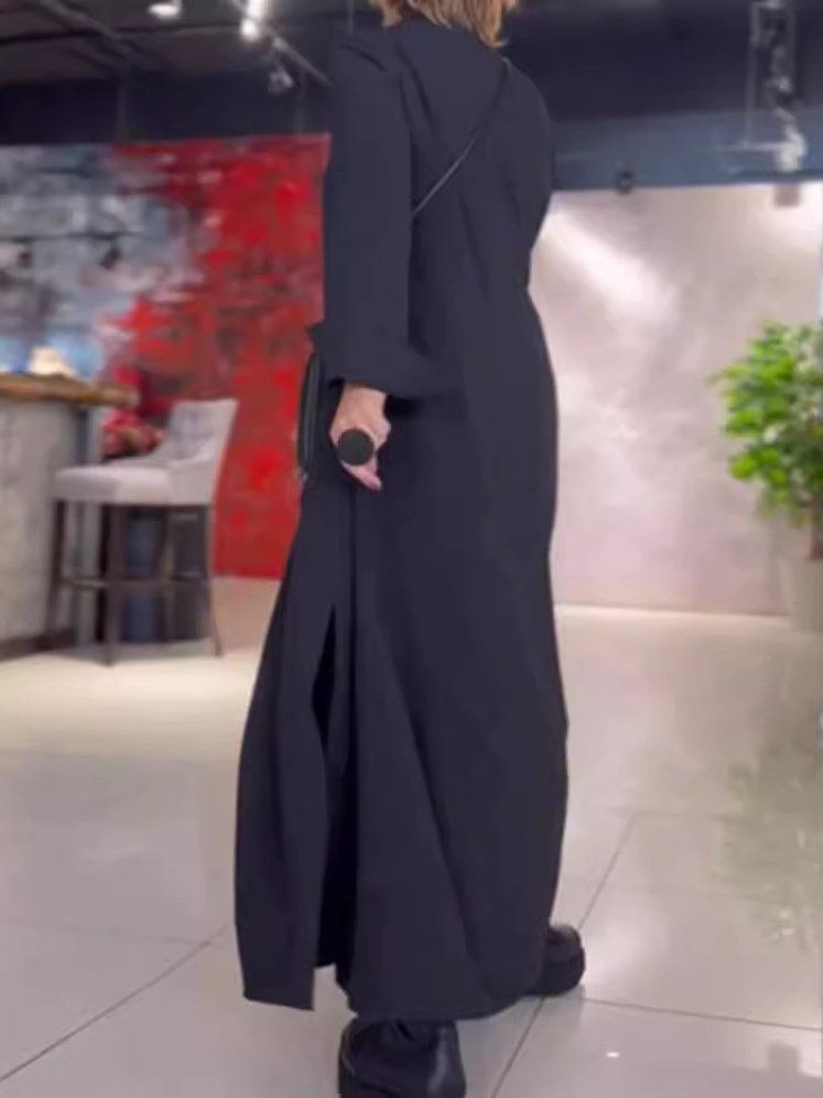 Women Plain Long Sleeve Spring/Fall Split Joint Dress V Neck Daily Vintage Maxi Shirt Dress A-Line Dress
