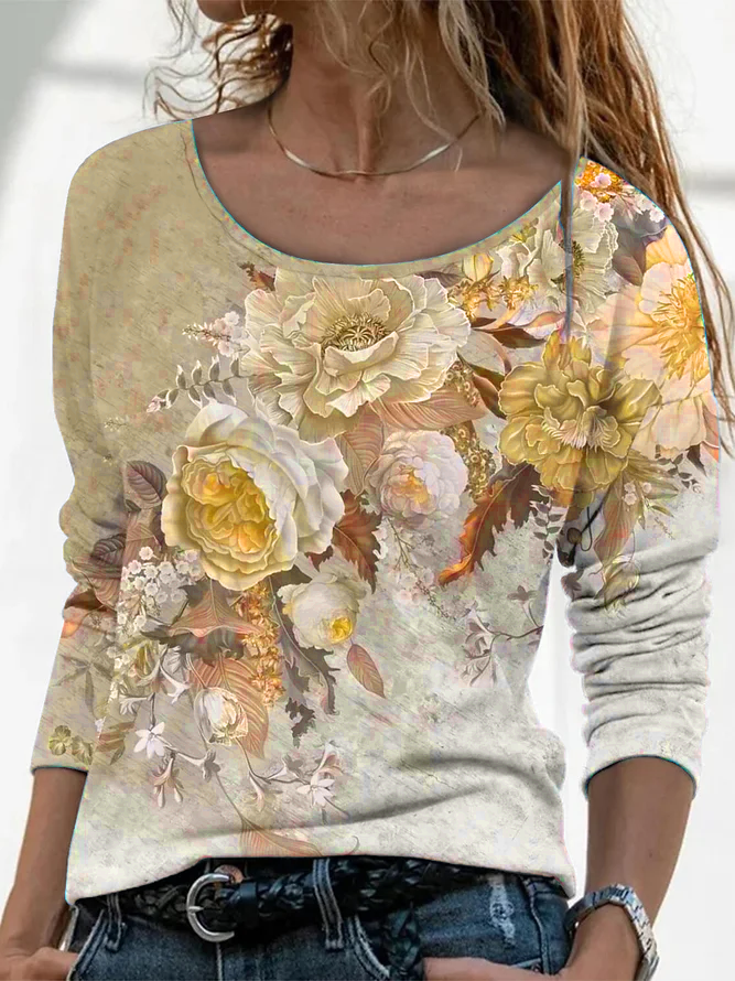 Women Floral Long Sleeve Tee T-shirt Crew Neck Printing Casual Spring/Fall Graphic Tee Top