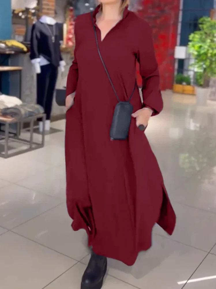 Women Plain Long Sleeve Spring/Fall Split Joint Dress V Neck Daily Vintage Maxi Shirt Dress A-Line Dress