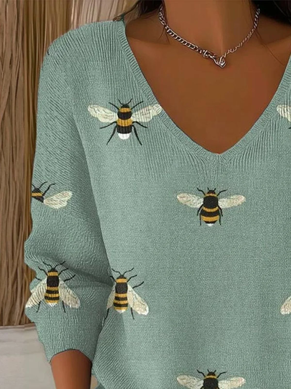 Women Animal Spring/Fall Casual Long Sleeve V Neck Cotton Sweater