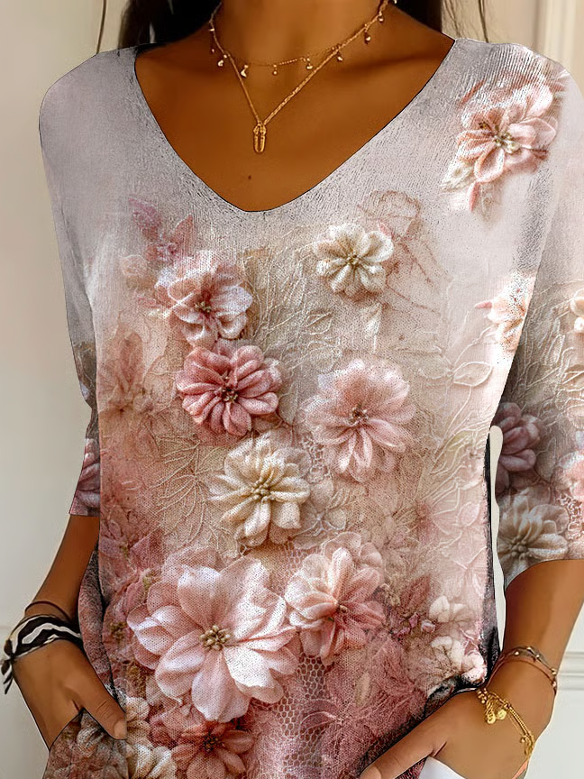 Women Floral Three Quarter Sleeve Tee T-shirt V Neck Printing Casual Spring/Fall Graphic Tee Top