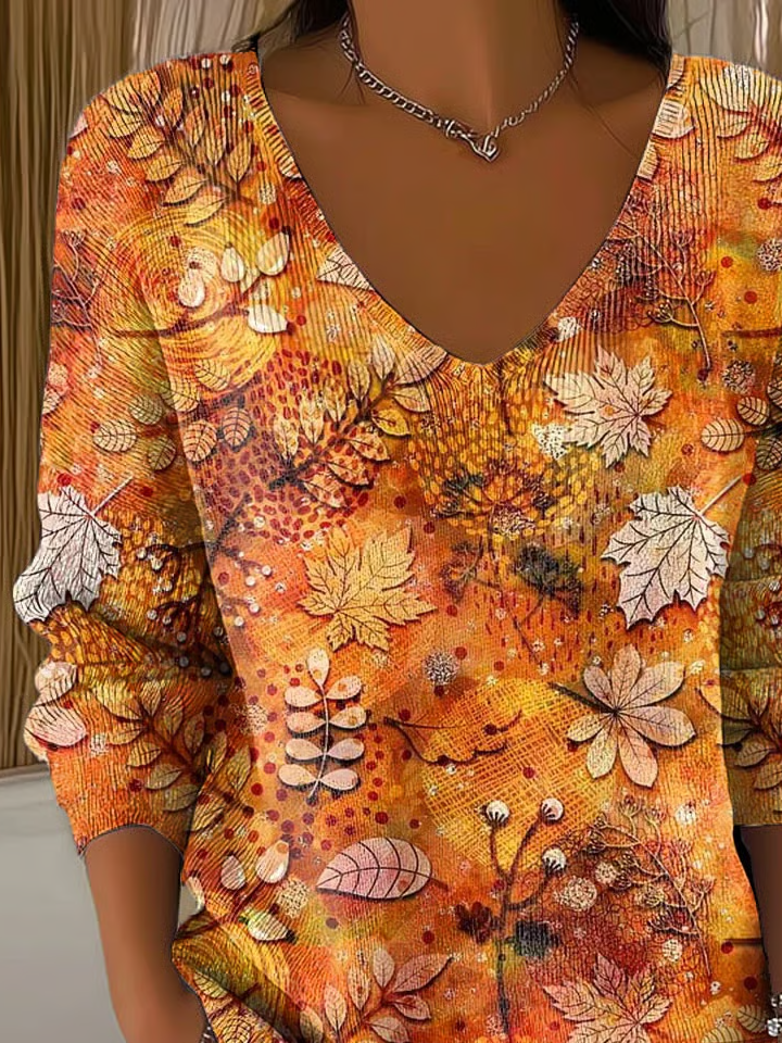 Women Maple Leaf Long Sleeve Tee T-shirt V Neck Printing Casual Spring/Fall Top