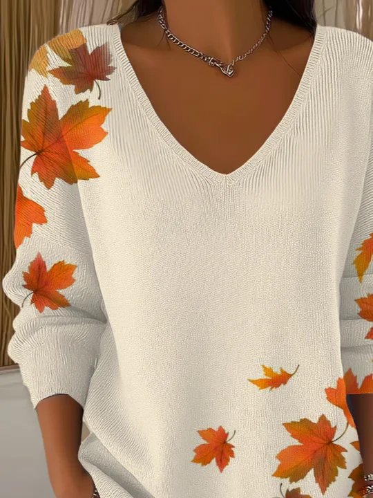 Women Maple Leaf Long Sleeve Tee T-shirt V Neck Printing Casual Spring/Fall Top